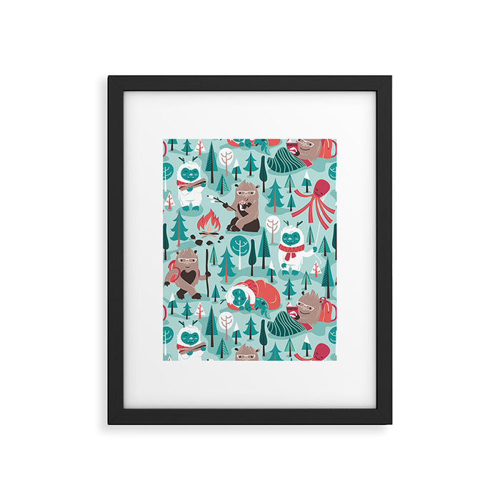 Besties // aqua background white Yeti brown Bigfoot teal and mint trees red and coral details Framed Art Print Gallery Image 1