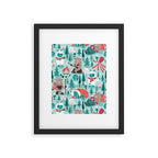 Besties // aqua background white Yeti brown Bigfoot teal and mint trees red and coral details Framed Art Print Gallery Image 5