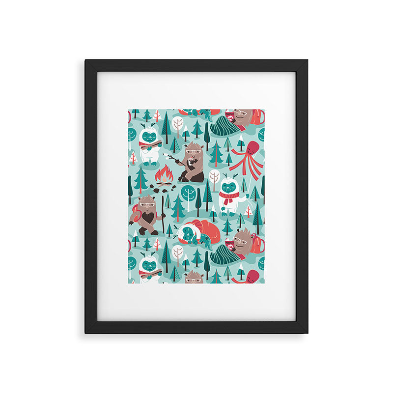 Besties // aqua background white Yeti brown Bigfoot teal and mint trees red and coral details Framed Art Print Gallery Image 5