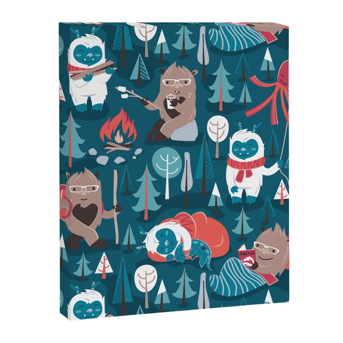 Besties // blue background white Yeti brown Bigfoot blue pine trees red and coral details Canvas Print Gallery Image 1