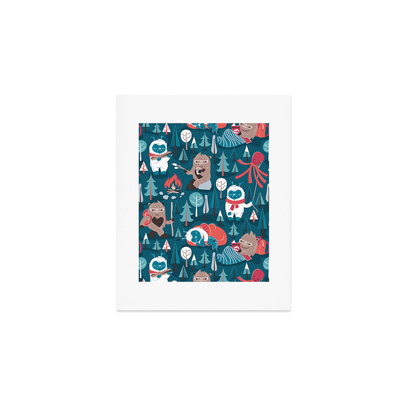 Besties // blue background white Yeti brown Bigfoot blue pine trees red and coral details Art Print Gallery Image 1