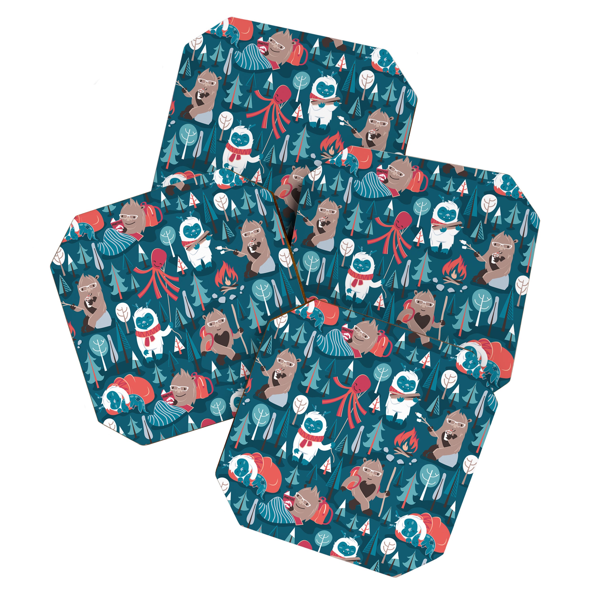 Besties // blue background white Yeti brown Bigfoot blue pine trees red and coral details Coaster Gallery Image 1