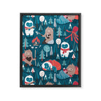 Besties // blue background white Yeti brown Bigfoot blue pine trees red and coral details Framed Canvas Print Gallery Image 6