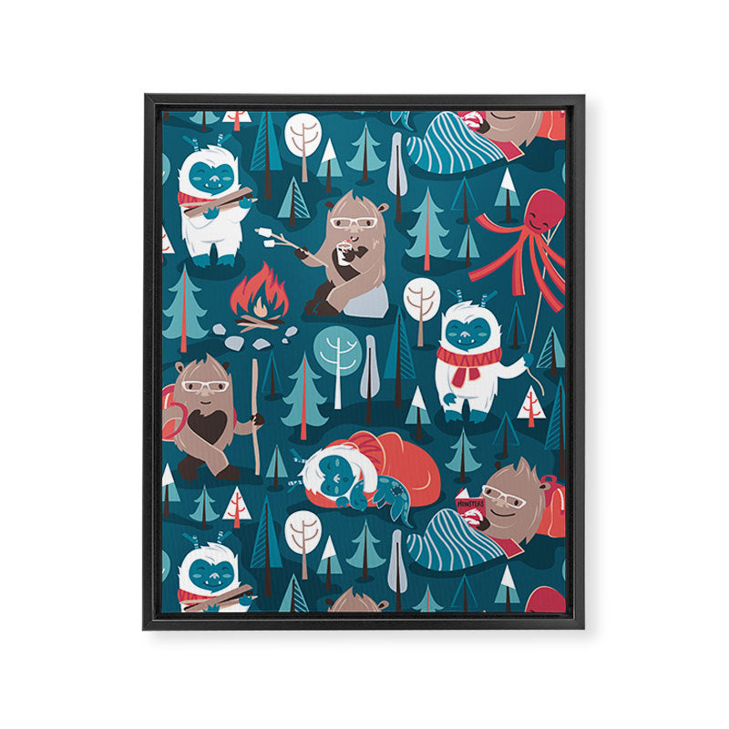 Besties // blue background white Yeti brown Bigfoot blue pine trees red and coral details Framed Canvas Print Gallery Image 6