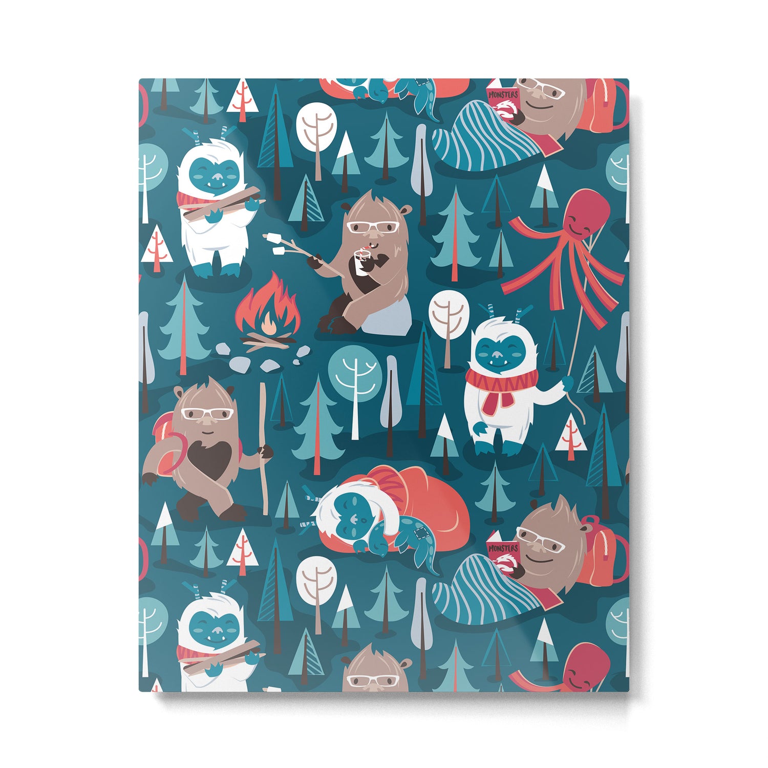 Besties // blue background white Yeti brown Bigfoot blue pine trees red and coral details Metal Print Gallery Image 4