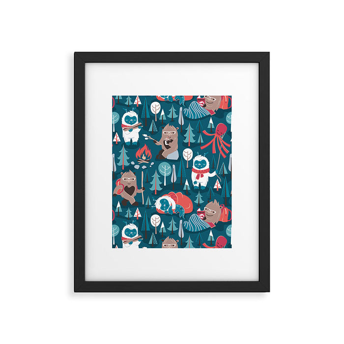 Besties // blue background white Yeti brown Bigfoot blue pine trees red and coral details Framed Art Print Gallery Image 1