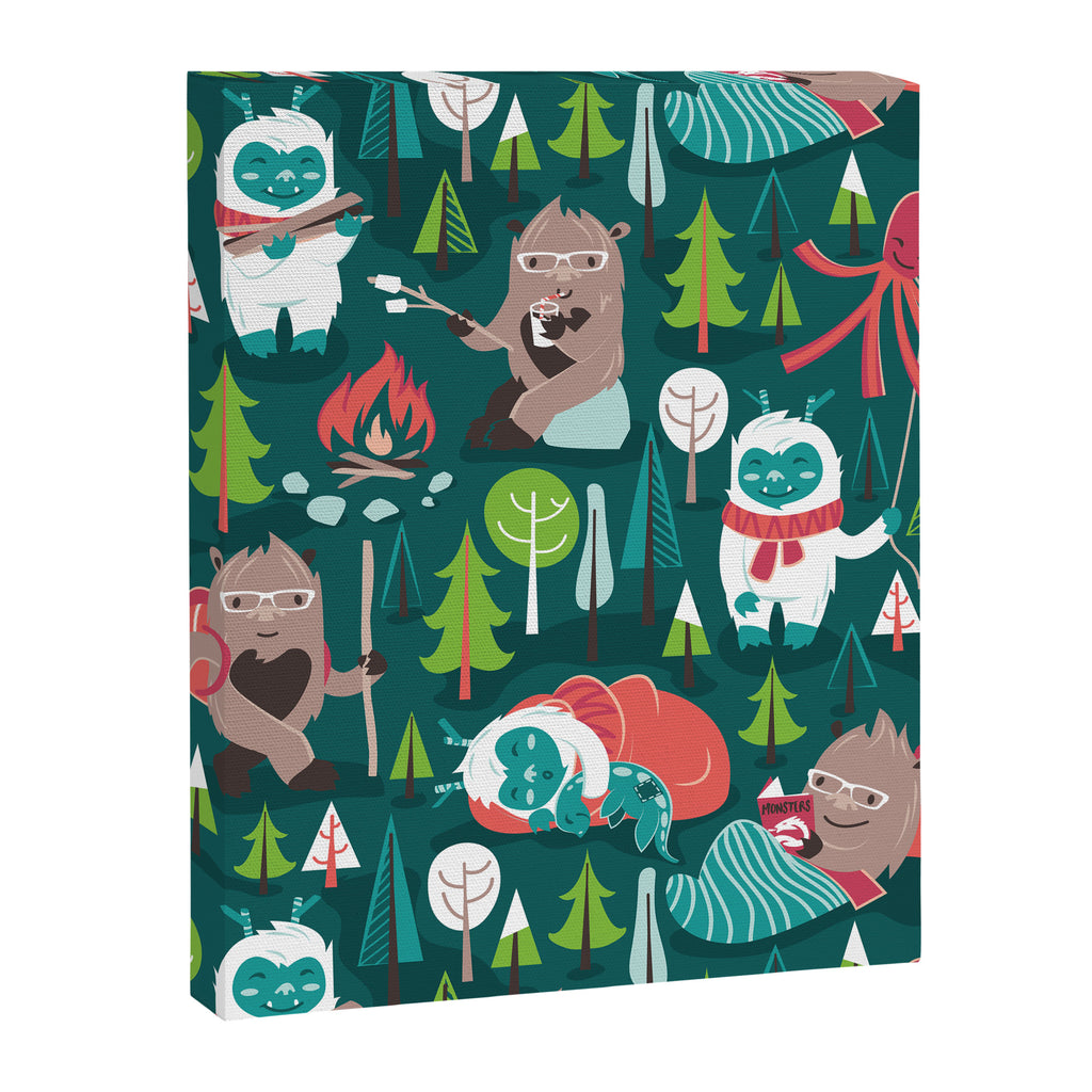 Besties // green background white Yeti brown Bigfoot aqua yellow green and teal pine trees red and coral details Canvas Print Gallery Image 6