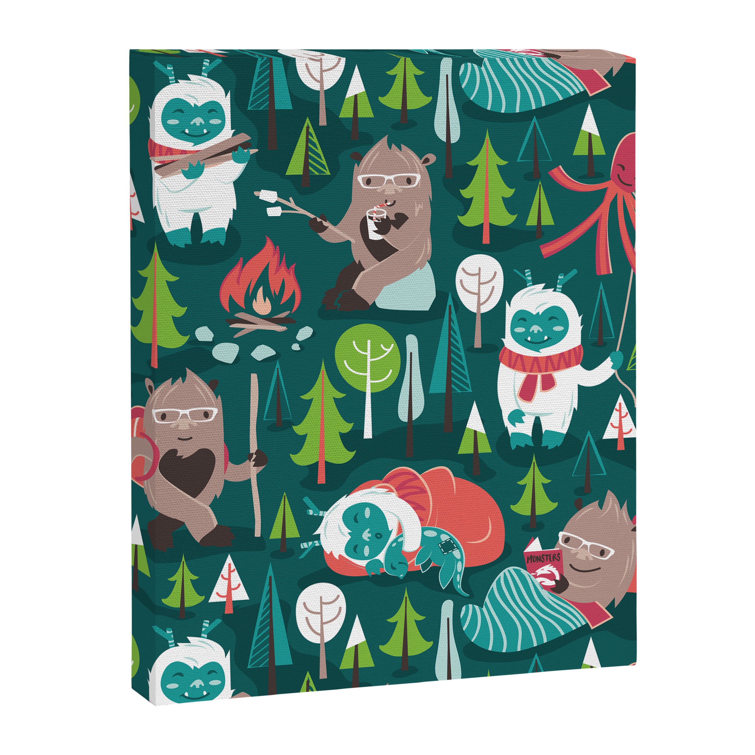 Besties // green background white Yeti brown Bigfoot aqua yellow green and teal pine trees red and coral details Canvas Print Gallery Image 6