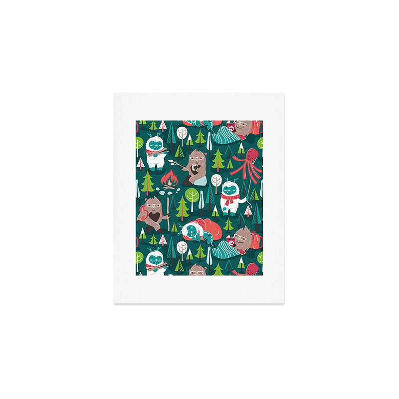 Besties // green background white Yeti brown Bigfoot aqua yellow green and teal pine trees red and coral details Art Print Gallery Image 1