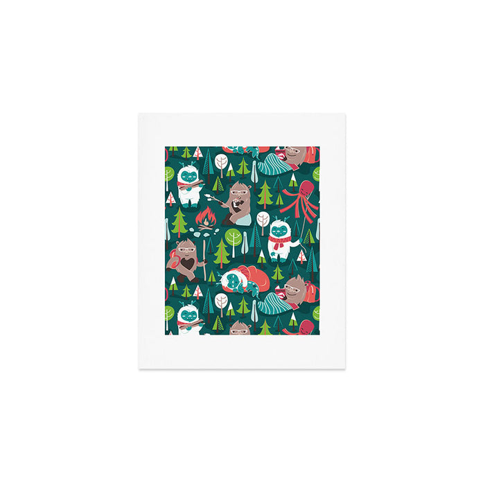 Besties // green background white Yeti brown Bigfoot aqua yellow green and teal pine trees red and coral details Art Print Gallery Image 1
