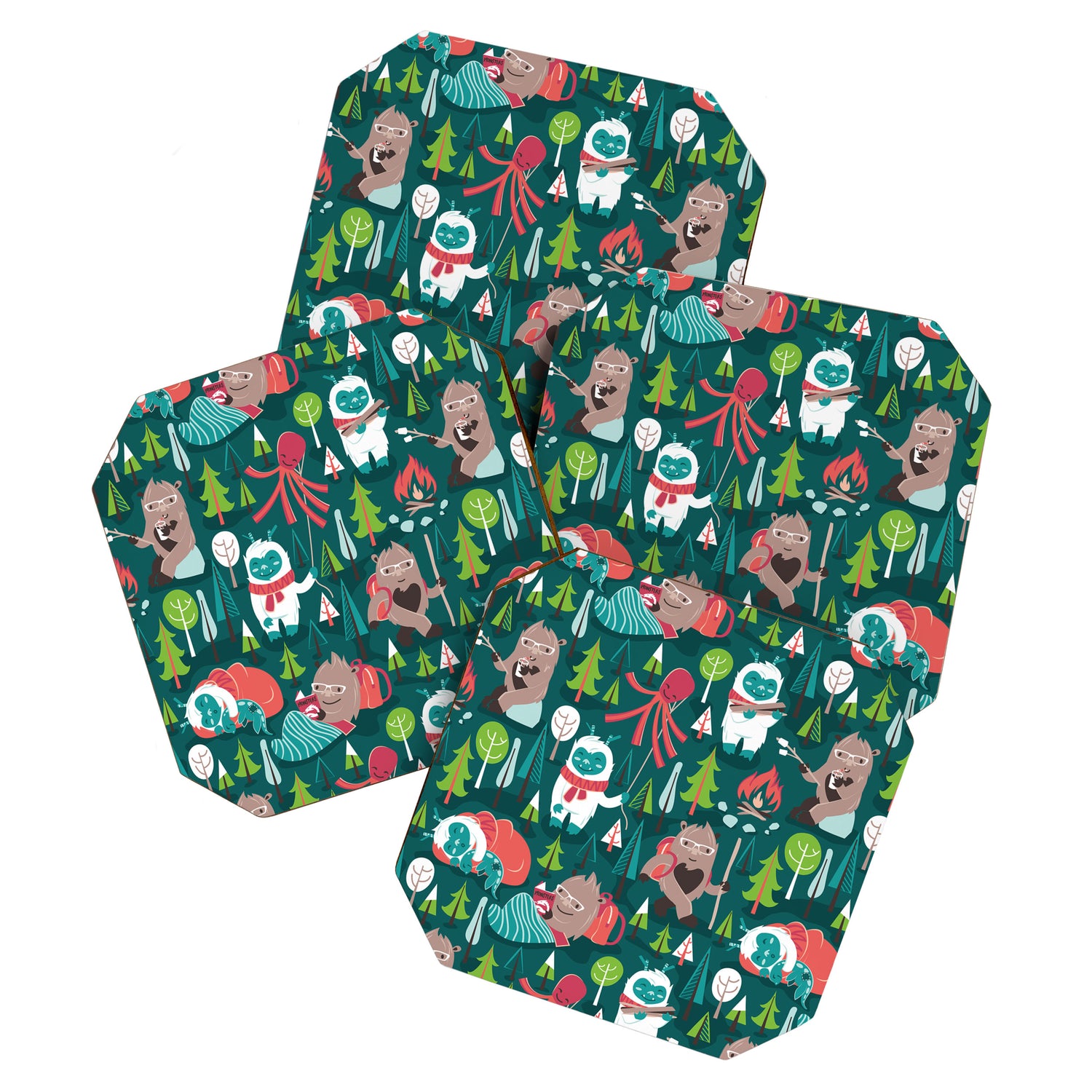 Besties // green background white Yeti brown Bigfoot aqua yellow green and teal pine trees red and coral details Coaster Gallery Image 1