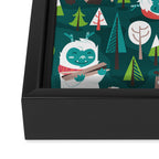 Besties // green background white Yeti brown Bigfoot aqua yellow green and teal pine trees red and coral details Framed Canvas Print Gallery Image 3