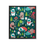 Besties // green background white Yeti brown Bigfoot aqua yellow green and teal pine trees red and coral details Framed Canvas Print Gallery Image 6