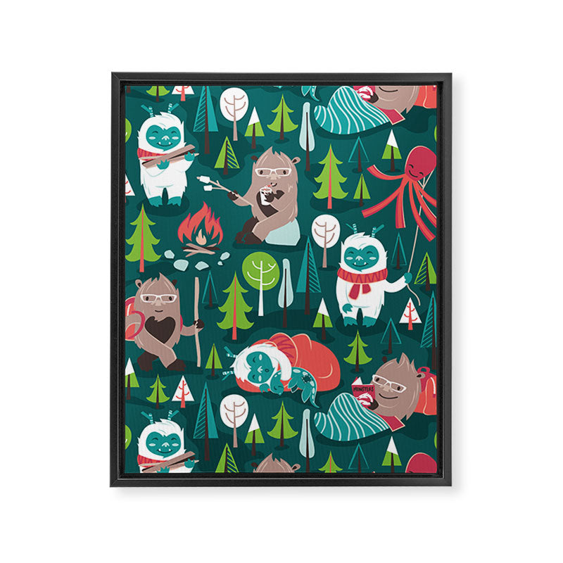 Besties // green background white Yeti brown Bigfoot aqua yellow green and teal pine trees red and coral details Framed Canvas Print Gallery Image 6