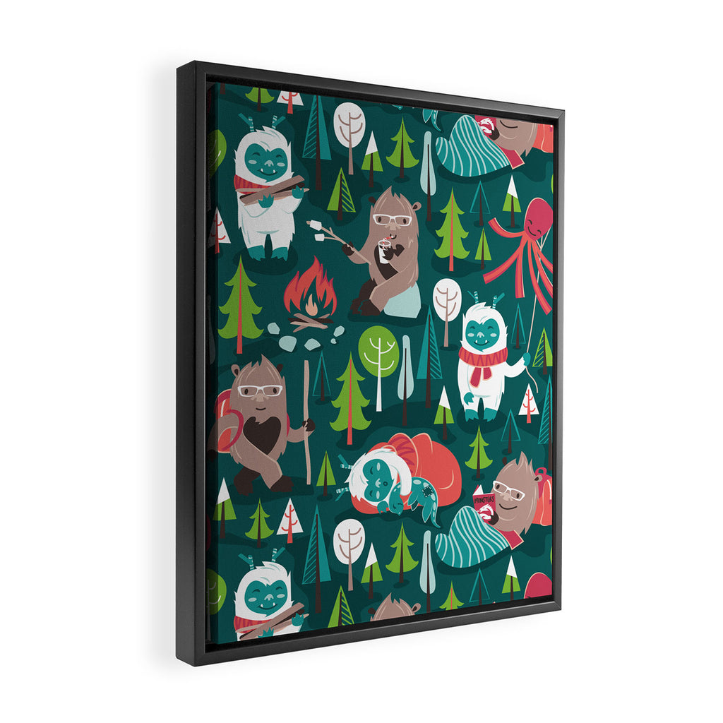 Besties // green background white Yeti brown Bigfoot aqua yellow green and teal pine trees red and coral details Framed Canvas Print Gallery Image 2
