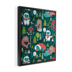 Besties // green background white Yeti brown Bigfoot aqua yellow green and teal pine trees red and coral details Framed Canvas Print Gallery Image 2