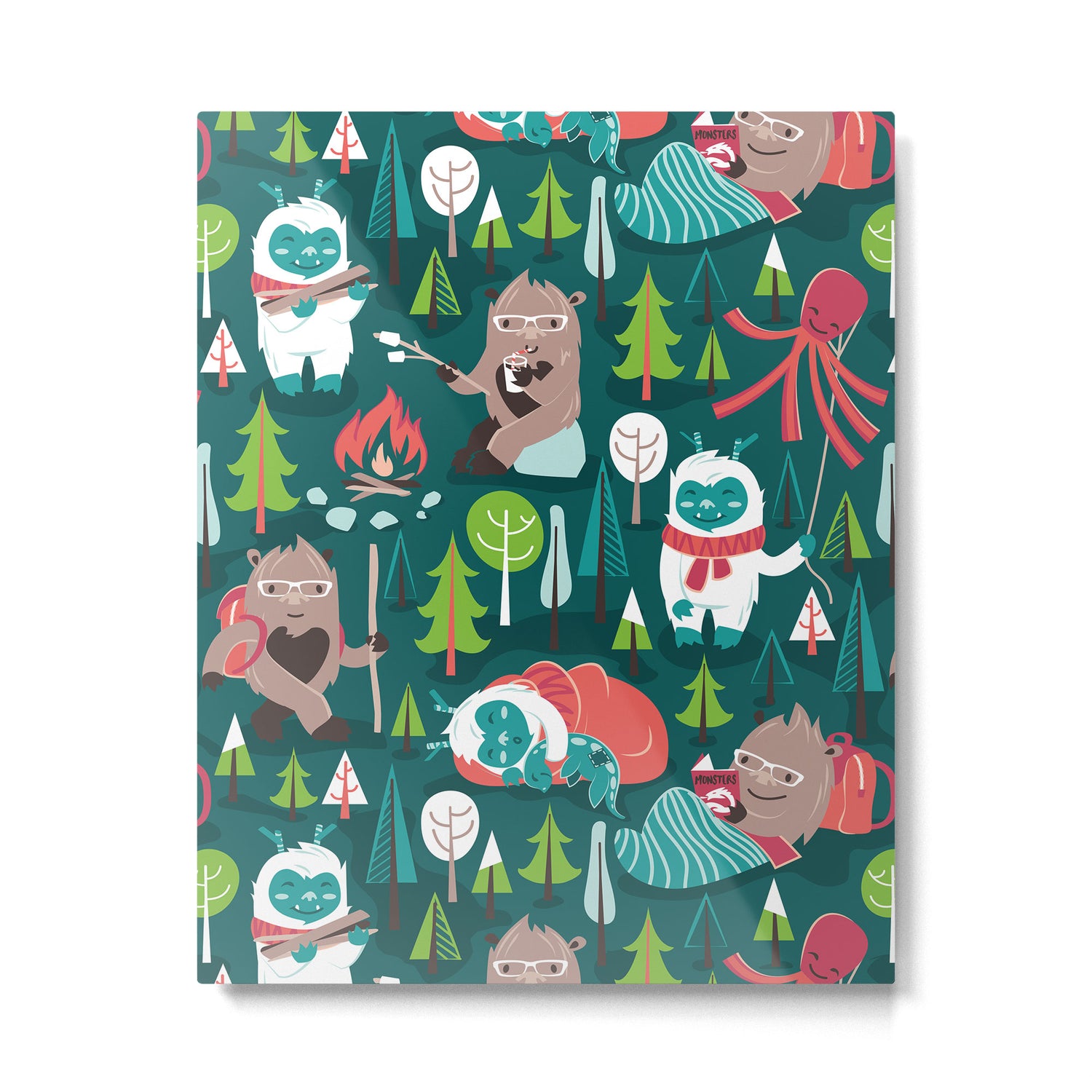 Besties // green background white Yeti brown Bigfoot aqua yellow green and teal pine trees red and coral details Metal Print Gallery Image 4