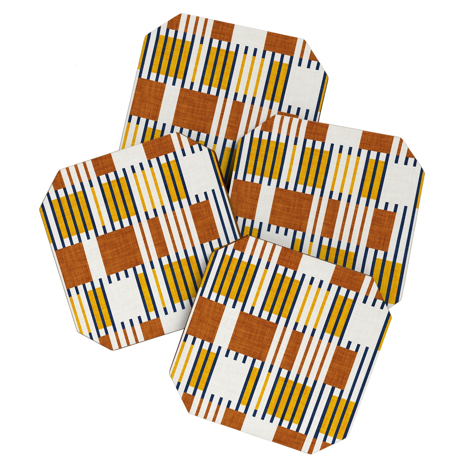 Bold minimalist retro stripes // midnight blue goldenrod yellow and copper brown geometric grid  Coaster Gallery Image 1