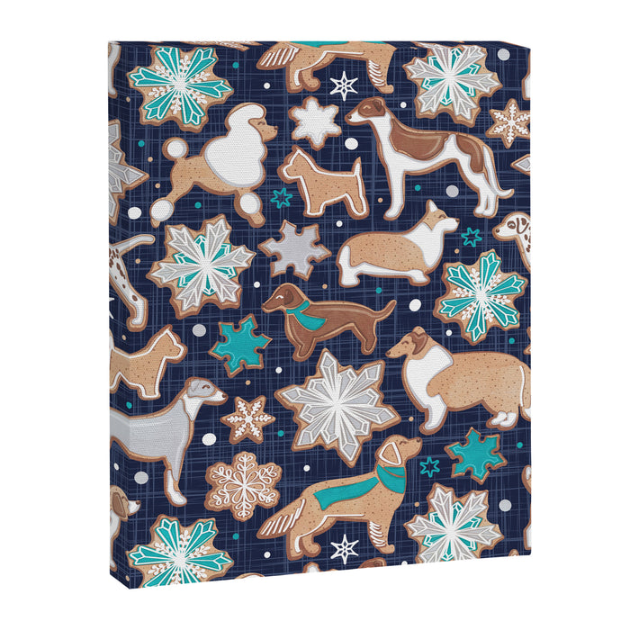 Catching ice and sweetness // navy blue background gingerbread white brown grey and dogs and snowflakes turquoise details Canvas Print Gallery Image 1