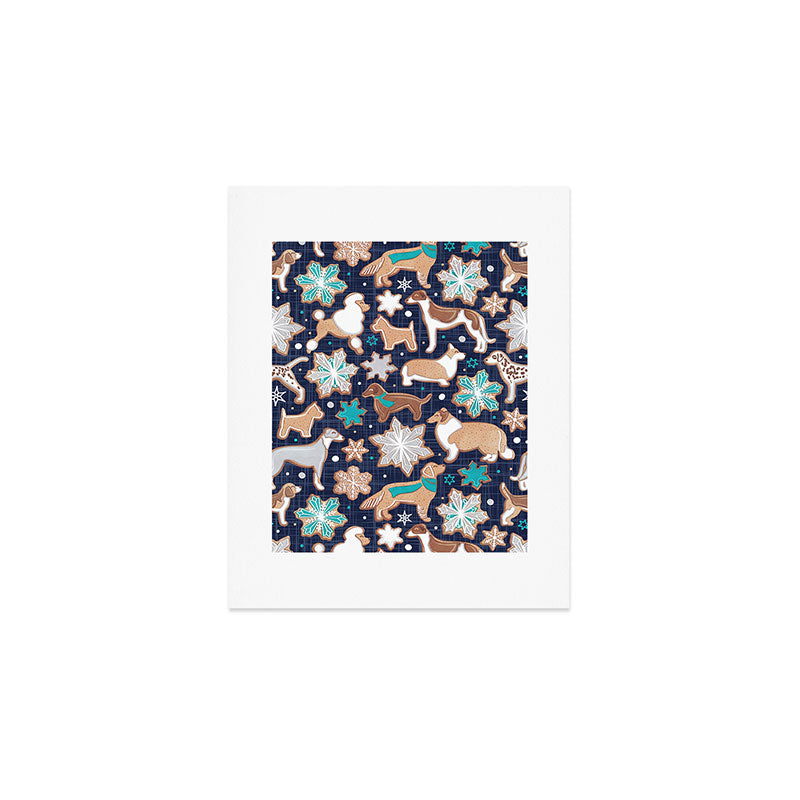 Catching ice and sweetness // navy blue background gingerbread white brown grey and dogs and snowflakes turquoise details Art Print Gallery Image 1