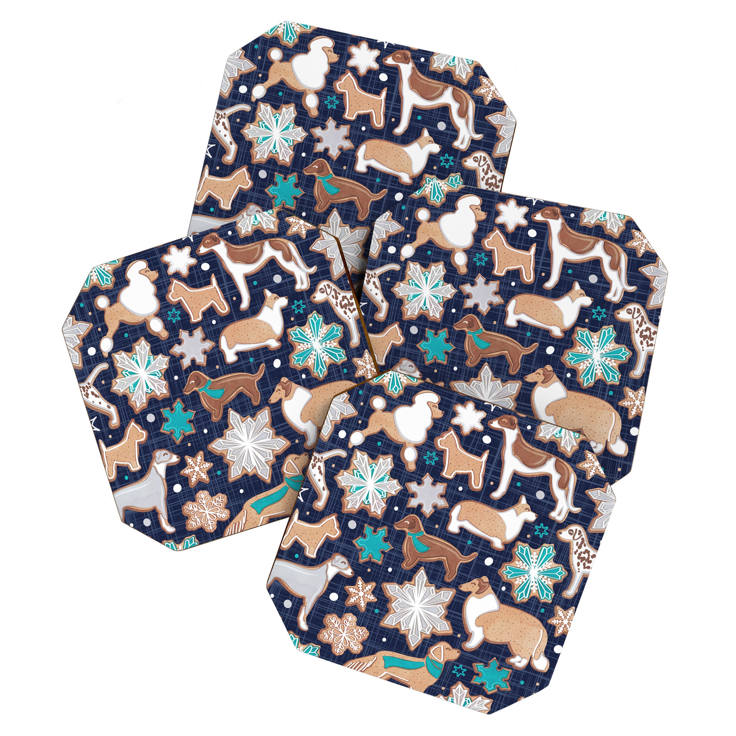 Catching ice and sweetness // navy blue background gingerbread white brown grey and dogs and snowflakes turquoise details Coaster Gallery Image 1