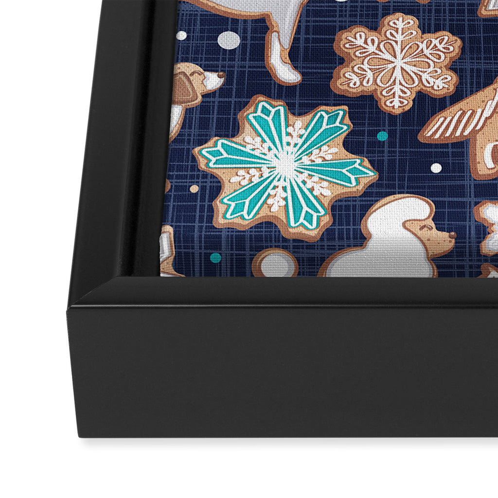 Catching ice and sweetness // navy blue background gingerbread white brown grey and dogs and snowflakes turquoise details Framed Canvas Print Gallery Image 3