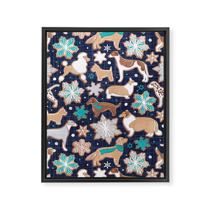 Catching ice and sweetness // navy blue background gingerbread white brown grey and dogs and snowflakes turquoise details Framed Canvas Print Gallery Image 1
