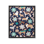 Catching ice and sweetness // navy blue background gingerbread white brown grey and dogs and snowflakes turquoise details Framed Canvas Print Gallery Image 6