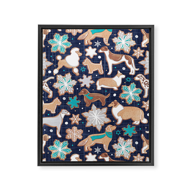 Catching ice and sweetness // navy blue background gingerbread white brown grey and dogs and snowflakes turquoise details Framed Canvas Print Gallery Image 6