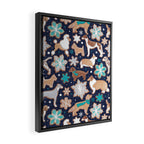 Catching ice and sweetness // navy blue background gingerbread white brown grey and dogs and snowflakes turquoise details Framed Canvas Print Gallery Image 2