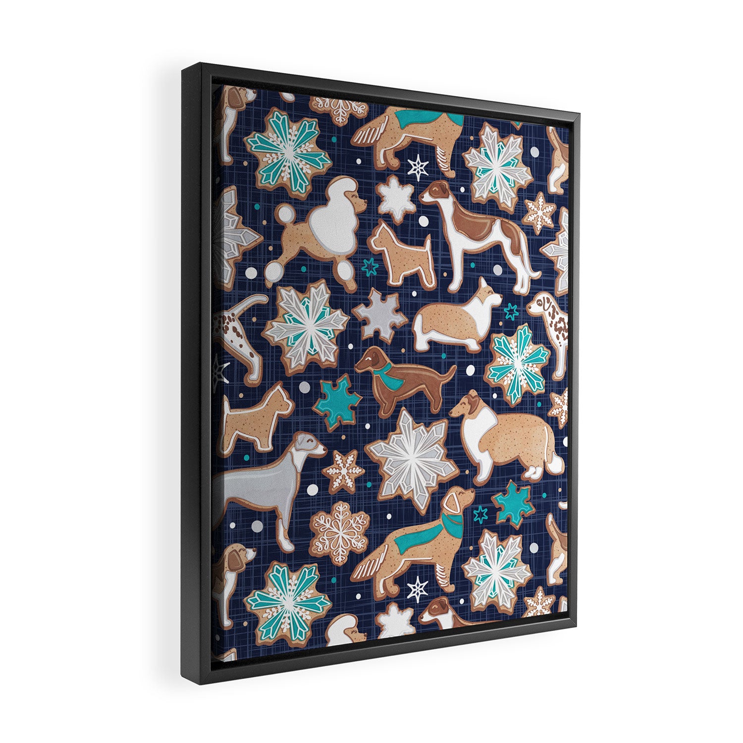 Catching ice and sweetness // navy blue background gingerbread white brown grey and dogs and snowflakes turquoise details Framed Canvas Print Gallery Image 2