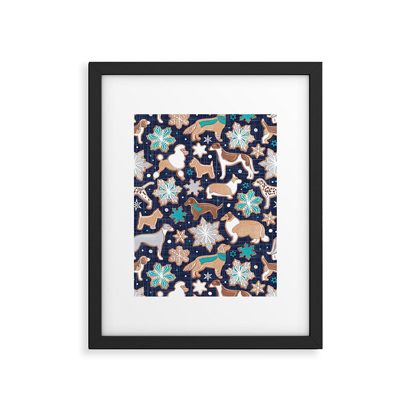 Catching ice and sweetness // navy blue background gingerbread white brown grey and dogs and snowflakes turquoise details Framed Art Print Gallery Image 5