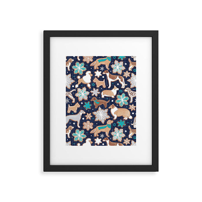 Catching ice and sweetness // navy blue background gingerbread white brown grey and dogs and snowflakes turquoise details Framed Art Print Gallery Image 1