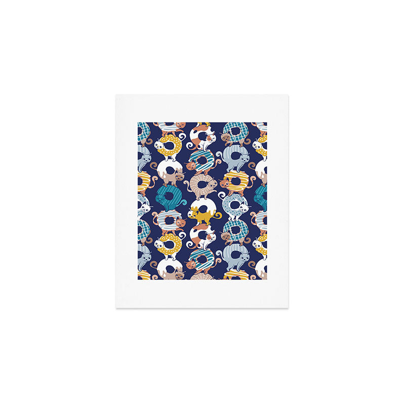 Cats Donut Care // blue background goldenrod yellow mustard, teal pastel blue and brown sweet kitties Art Print Gallery Image 1