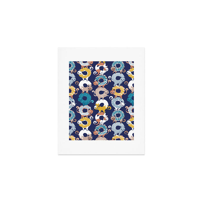Cats Donut Care // blue background goldenrod yellow mustard, teal pastel blue and brown sweet kitties Art Print Gallery Image 1