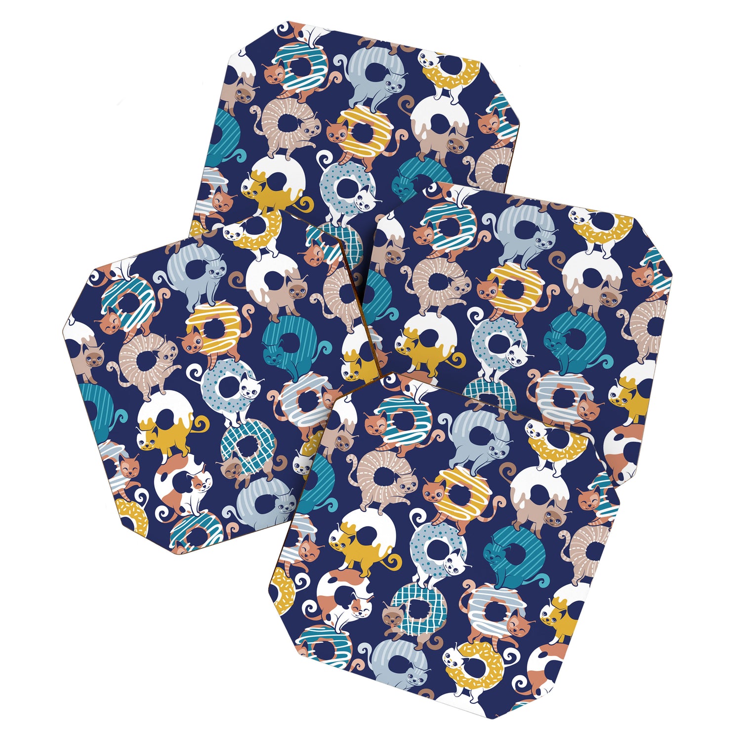 Cats Donut Care // blue background goldenrod yellow mustard, teal pastel blue and brown sweet kitties Coaster Gallery Image 1