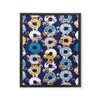 Cats Donut Care // blue background goldenrod yellow mustard, teal pastel blue and brown sweet kitties Framed Canvas Print Gallery Image 6