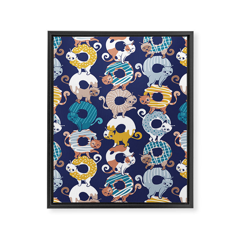 Cats Donut Care // blue background goldenrod yellow mustard, teal pastel blue and brown sweet kitties Framed Canvas Print Gallery Image 6