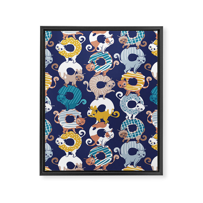 Cats Donut Care // blue background goldenrod yellow mustard, teal pastel blue and brown sweet kitties Framed Canvas Print Gallery Image 1