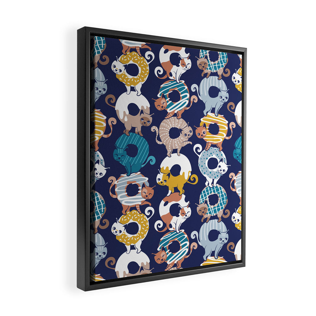 Cats Donut Care // blue background goldenrod yellow mustard, teal pastel blue and brown sweet kitties Framed Canvas Print Gallery Image 2