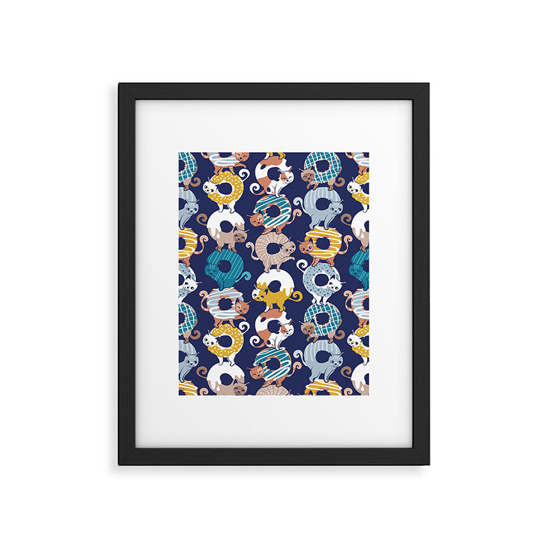 Cats Donut Care // blue background goldenrod yellow mustard, teal pastel blue and brown sweet kitties Framed Art Print Gallery Image 5