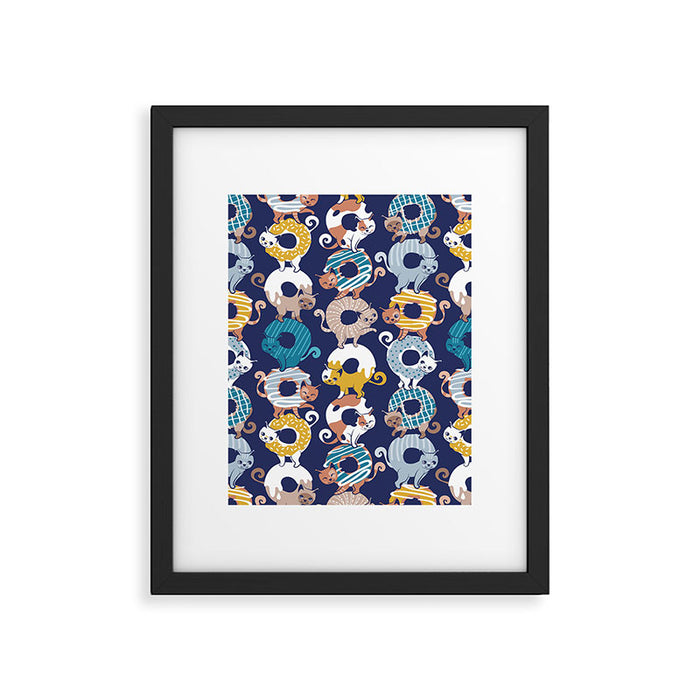Cats Donut Care // blue background goldenrod yellow mustard, teal pastel blue and brown sweet kitties Framed Art Print Gallery Image 1