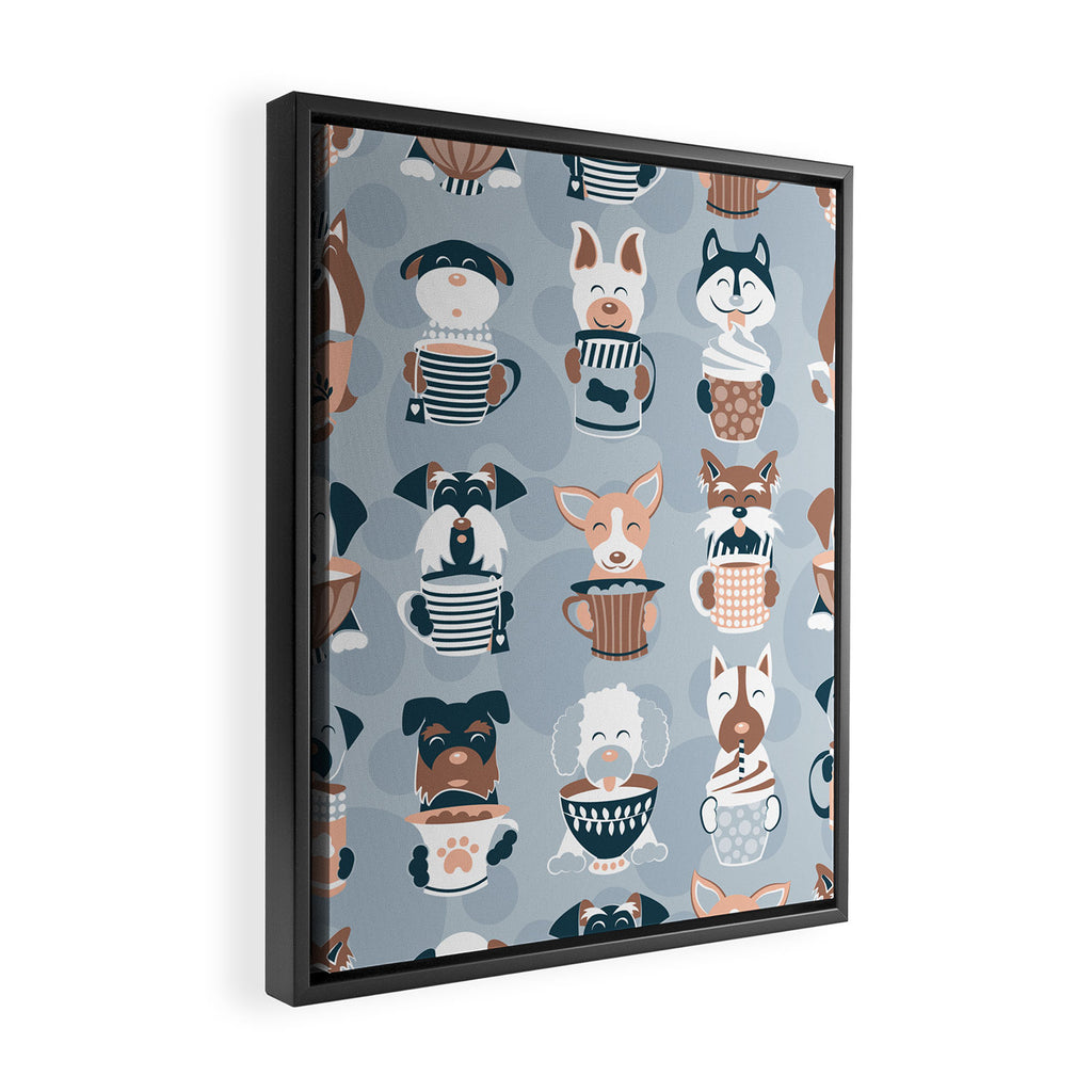 Doggie Coffee and Tea Time I // blue grey Framed Canvas Print Gallery Image 2