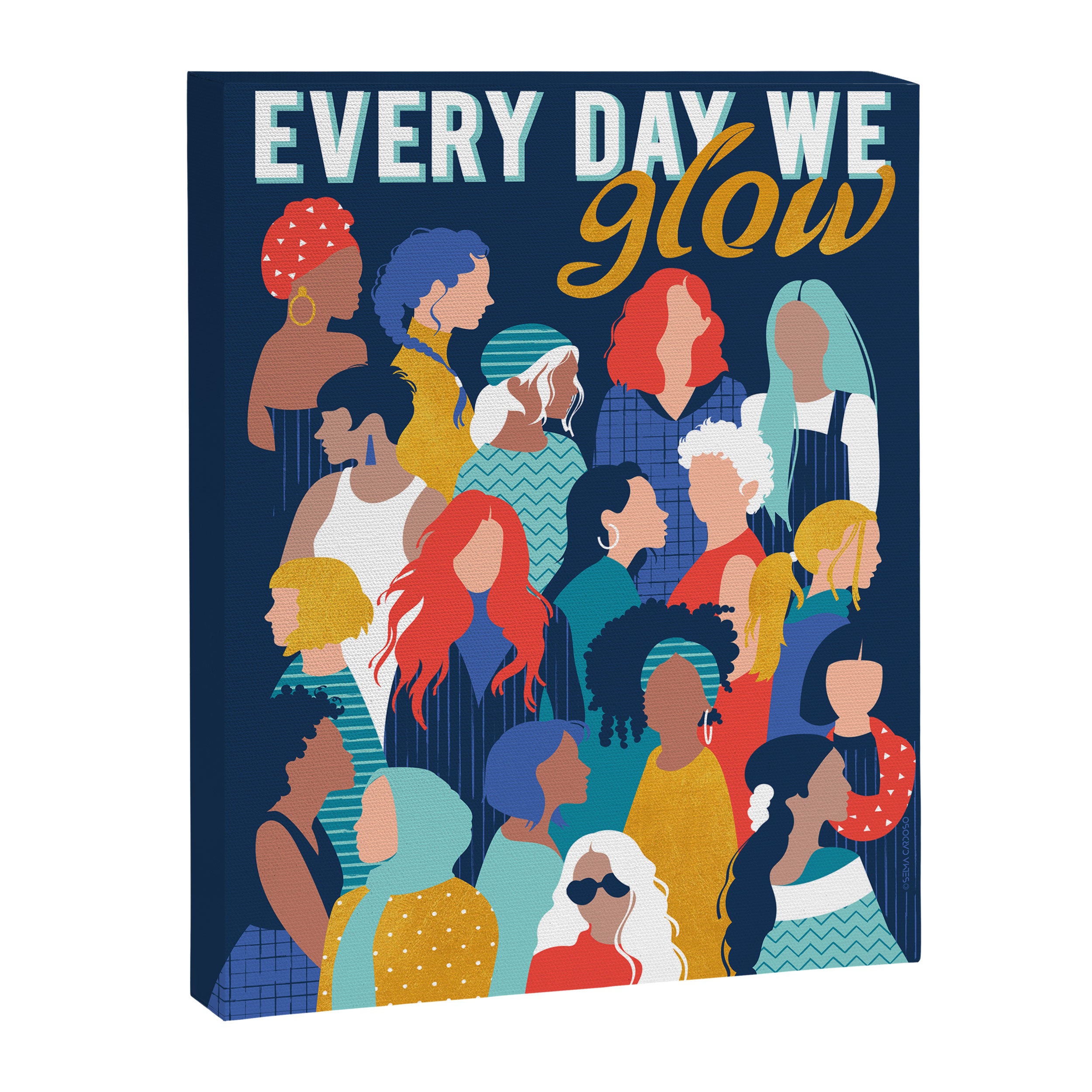 Every day we glow International Women's Day // midnight navy blue background teal, mint, electric blue neon orange red and gold humans  Canvas Print Gallery Image 6