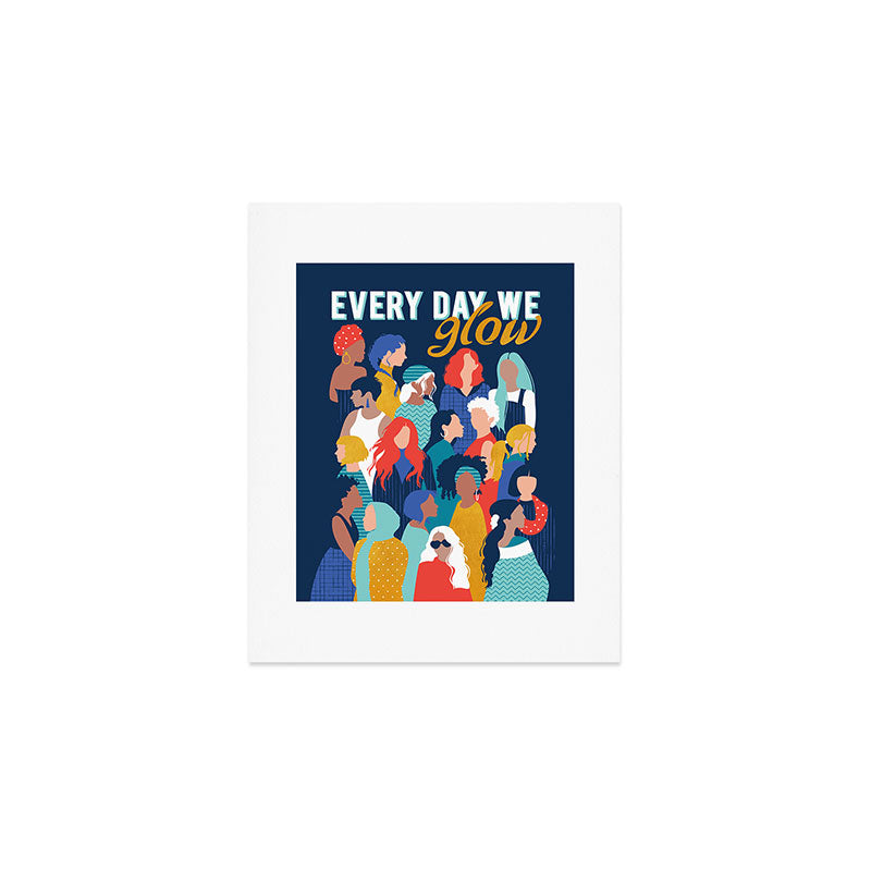 Every day we glow International Women's Day // midnight navy blue background teal, mint, electric blue neon orange red and gold humans  Art Print Gallery Image 1