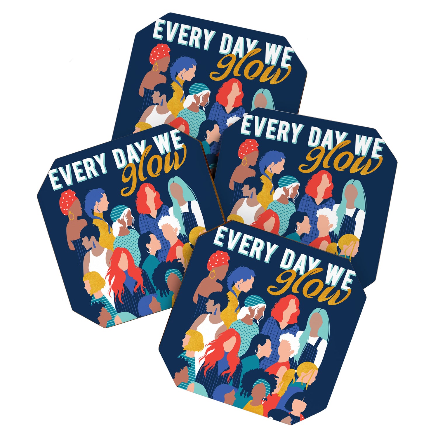 Every day we glow International Women's Day // midnight navy blue background teal, mint, electric blue neon orange red and gold humans  Coaster Gallery Image 1