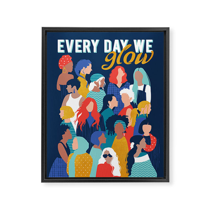 Every day we glow International Women's Day // midnight navy blue background teal, mint, electric blue neon orange red and gold humans  Framed Canvas Print Gallery Image 1