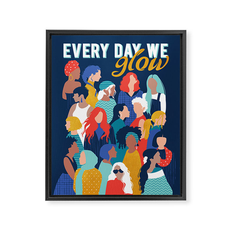 Every day we glow International Women's Day // midnight navy blue background teal, mint, electric blue neon orange red and gold humans  Framed Canvas Print Gallery Image 6