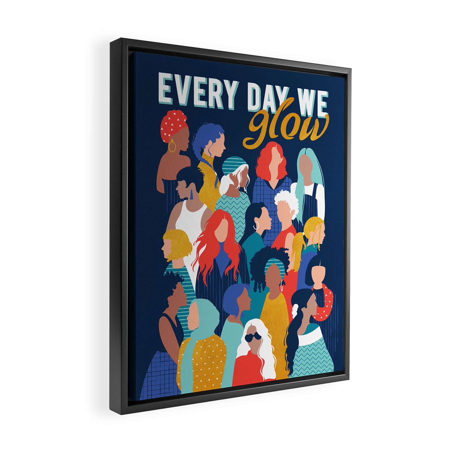 Every day we glow International Women's Day // midnight navy blue background teal, mint, electric blue neon orange red and gold humans  Framed Canvas Print Gallery Image 2