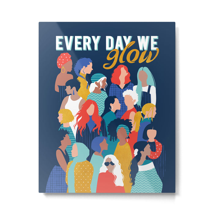 Every day we glow International Women's Day // midnight navy blue background teal, mint, electric blue neon orange red and gold humans  Metal Print Gallery Image 1